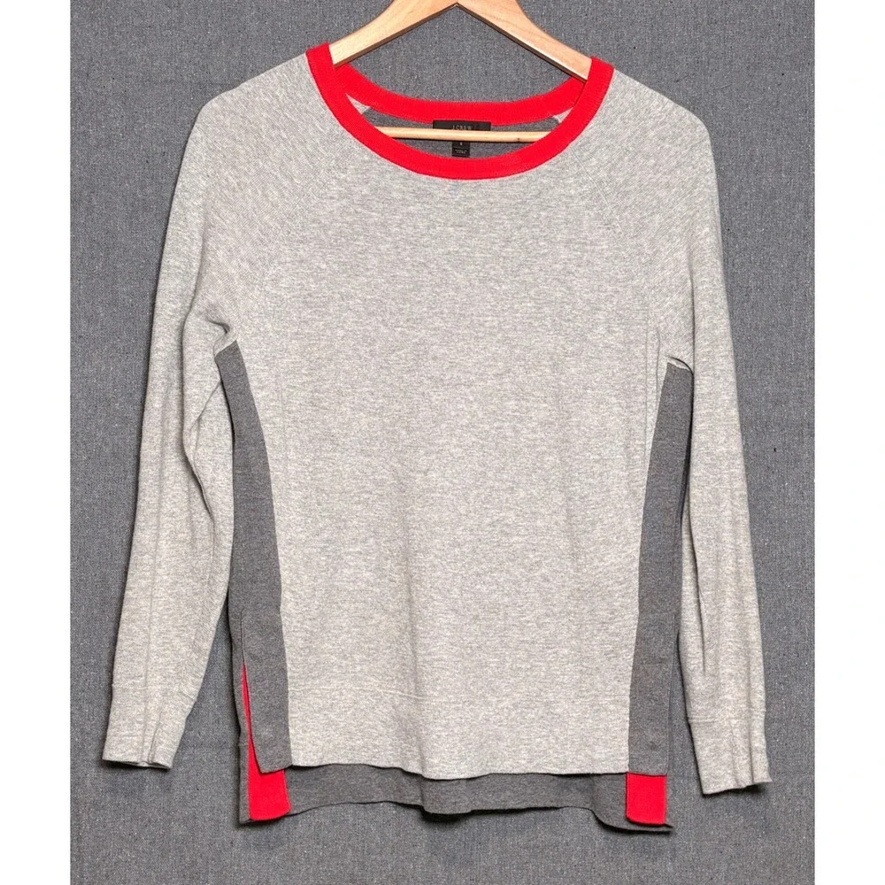 J.Crew Womens Colorblock Cotton Raglan Sweater Grey Red Crew Neck Sz Small
